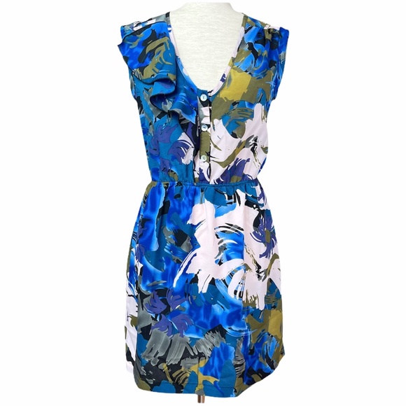 Aqua Floral Abstract Printed Mini Dress w/ Ruffle - Picture 1 of 7